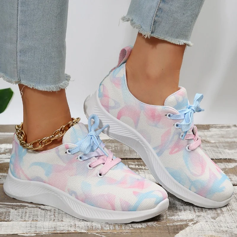 2023 Fashion Shoes for Women Spring and Autumn Women's Vulcanize Shoes Net Cloth Round Toe Mixed Colors Lace Up  Shoes Women