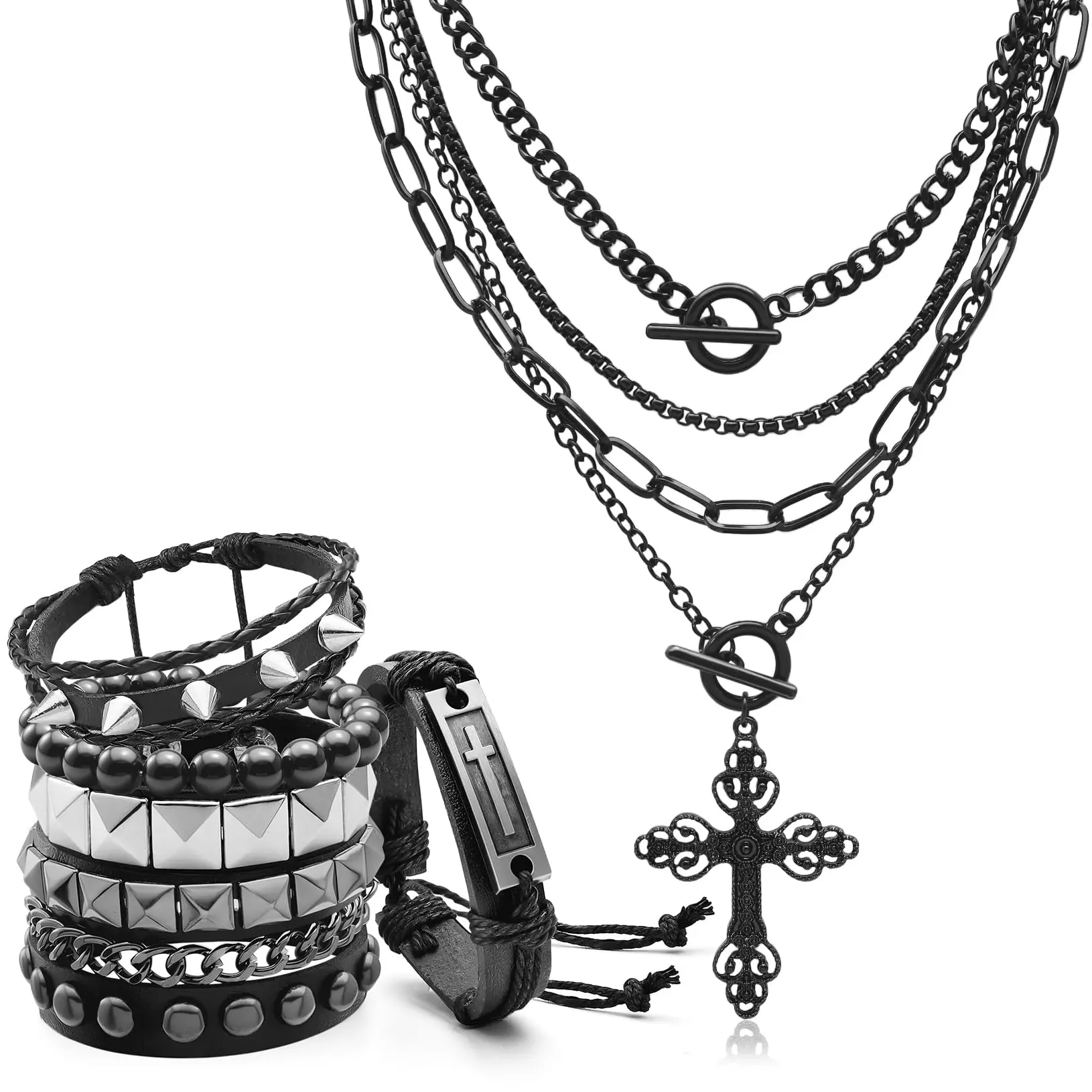 Gothic Cross Pendant Layered Necklace Grunge Studded Bracelets for Women Men Y2K Punk Rock Spiked Leather Bangle 80s Emo Jewelry