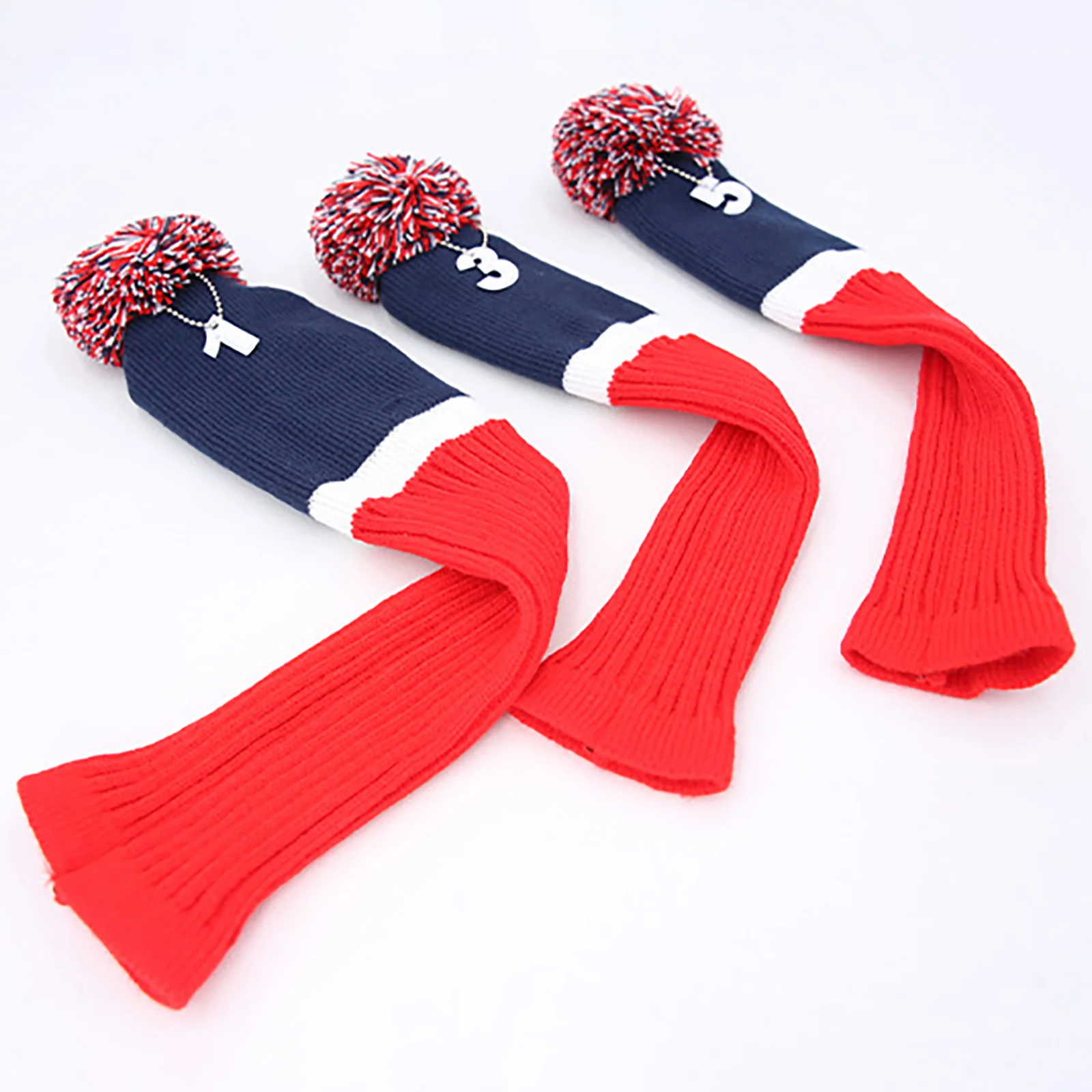 Blue Red 3Pcs/Set Golf Club Knitted Cover Color Block Long Style Head Covers with Pom-Pom and Number Tag for Woods view 5