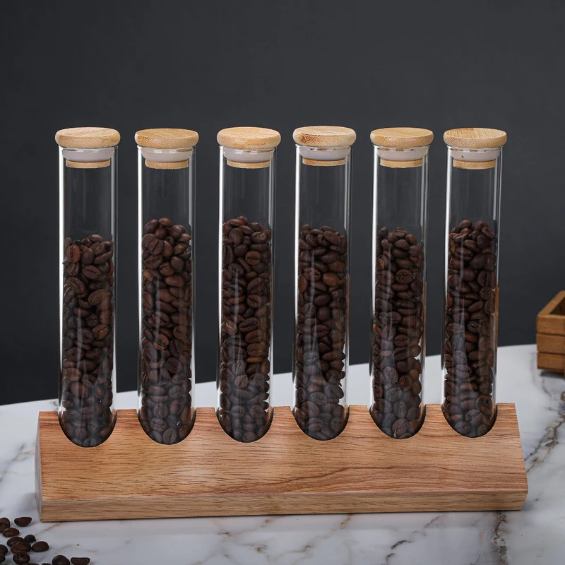 Wooden Coffee Beans Display Rack Stand Flower Tea Storage Jar Sealed Bottle 150ml Transparent Glass Test Tube with Cork Stopper