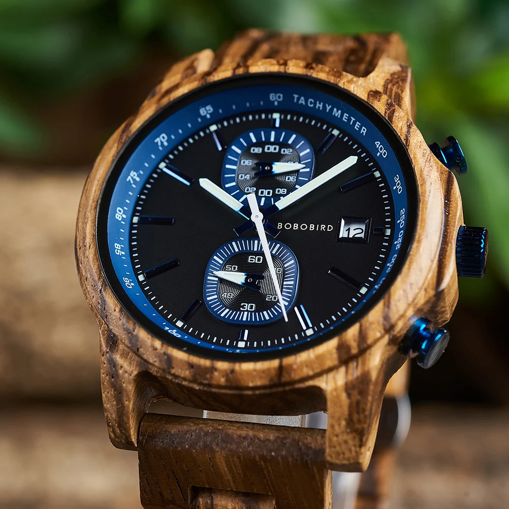 BOBO BIRD Mens Wooden Watches Walnut Wood Watch Blue Wristwatch Chronograph Luminous Hands Date Display Anniversary Gift