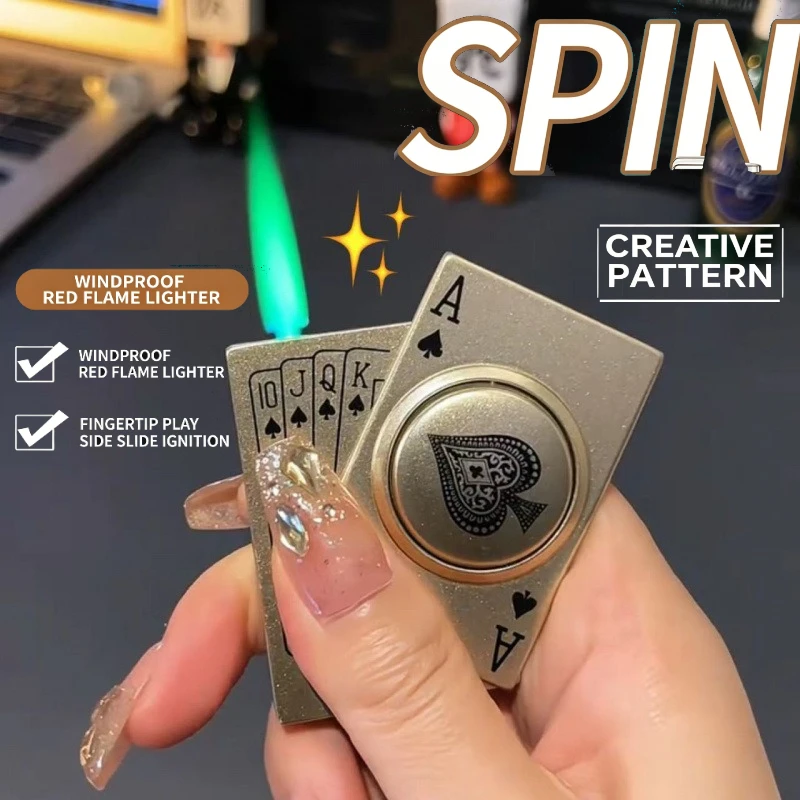 Spades A Playing Card Fidget Spinner Lighter, Windproof Jet Flame Butane Lighter Decompression Lighter with Side Ignition