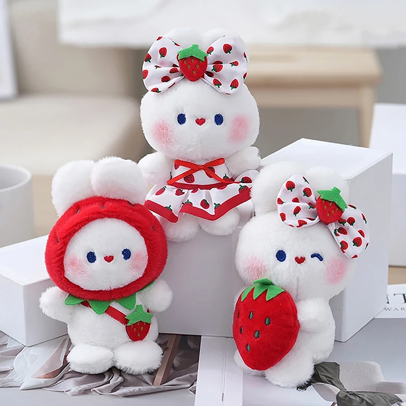 Cute Strawberry Bunny Plush Toy Cartoon Rabbit Pendant Soft Stuffed Doll Keychain Car Key Ring Backpack Bag Decor Kid Gift