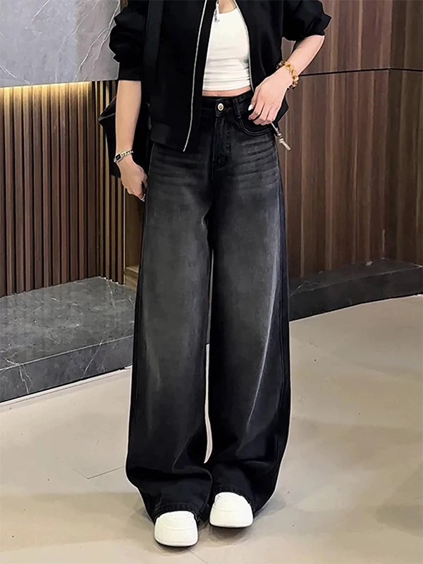 

plus Size High Waist Straight Leg Jeans Women's Loose Fit Bootcut Pants Casual Black Denim Pear Shaped Body Slimming Trousers
