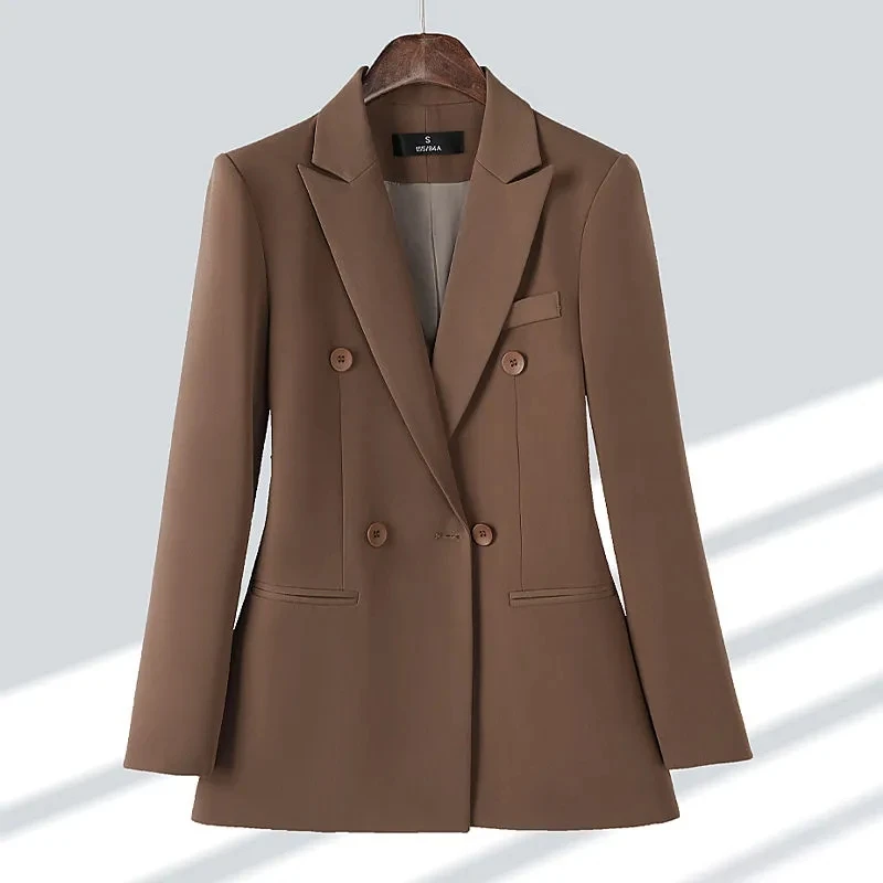 新しい女性秋冬生き抜くブレザーブルーアプリコットコーヒー黒女性長袖ダブルブレストブレザージャケットレディースコート