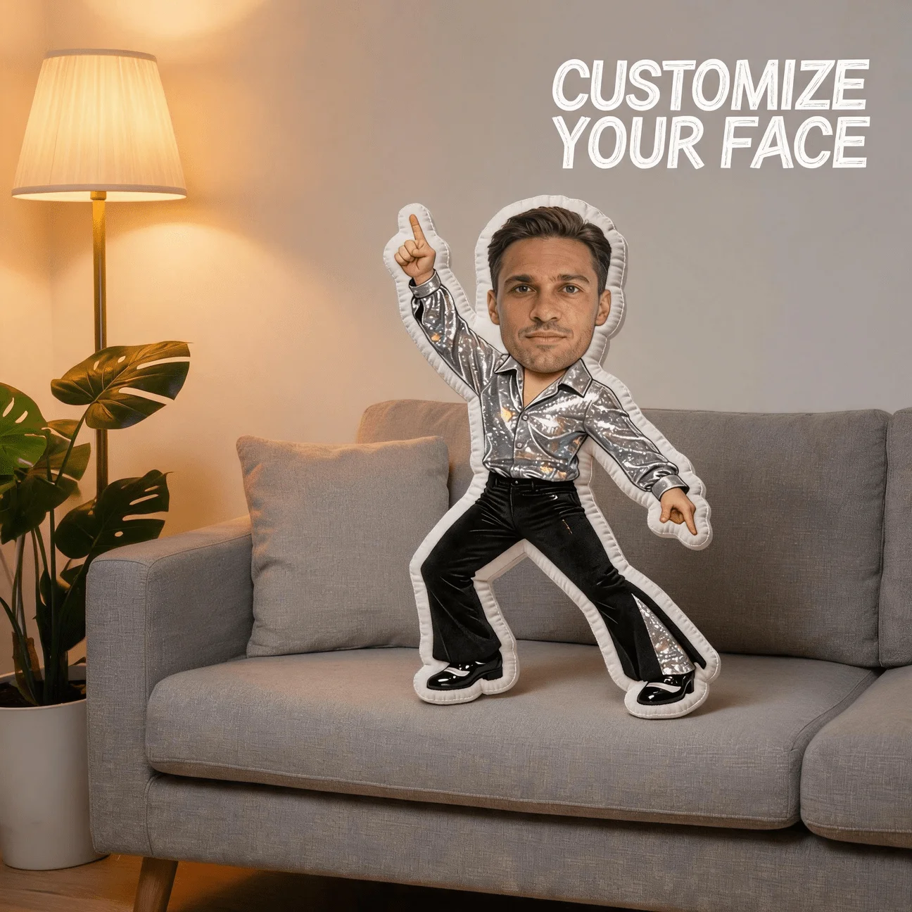 Custom Photo Shaped Pillow, Personalized Face with Silver Sequin Disco Outfit Custom Picture Decorative Cushion, Unique Funny Ho
