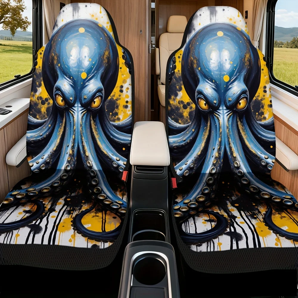 2pcs Trendy Abstract Octopus Graffiti Pattern Front Seat Covers | Designed For Driver And Passenger Seats, Polyester, Machine Wa