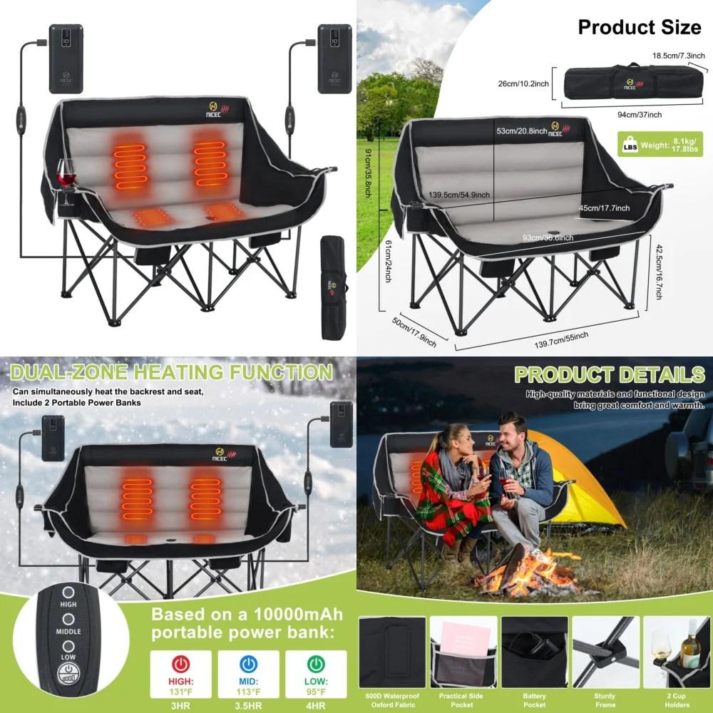 

camping chairHeated Camping Chair with Dual Power Banks Double Portable Heating Seat for Outdoor Adventure Winter Warmth