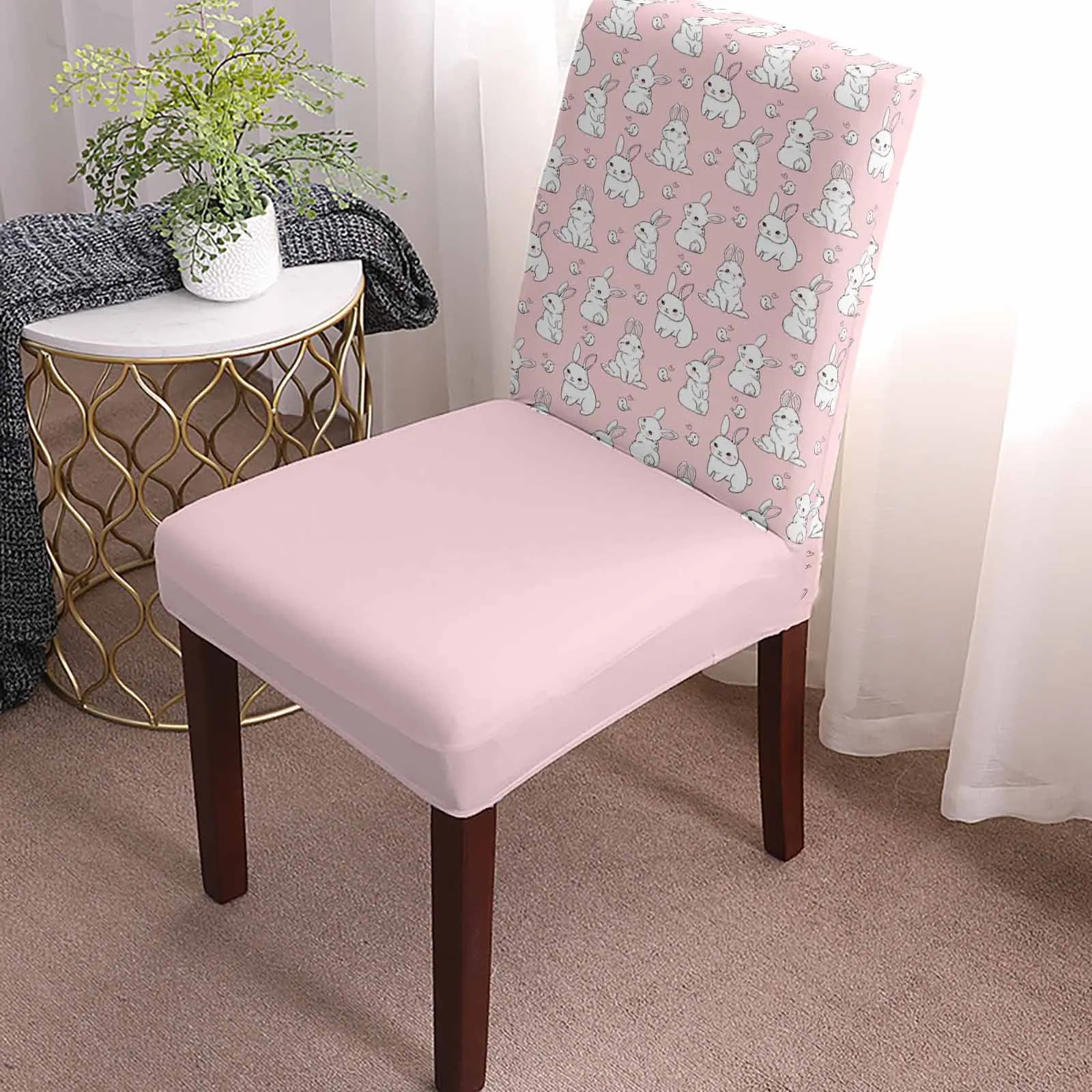 Pink Bunny Texture Chair Cover Set Kitchen Stretch Spandex Seat Slipcover Home Decor Dining Room Seat Cover