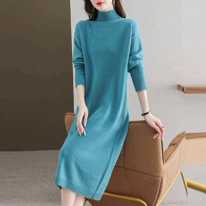 

Сплошное цветное трикотажное платье, женская одежда, осень-зима, новое длинное прямое платье-свитер с полуводолазкой, женская нижняя рубашка