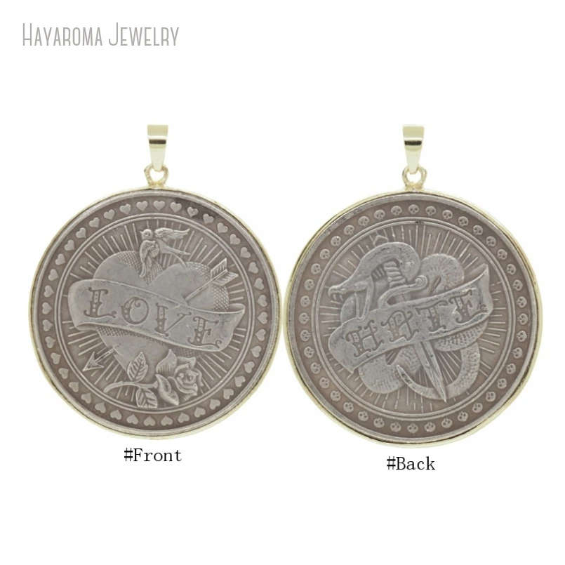 10Pcs Pewter Love Hate Medallion Necklace Pendant Gold Color Bezel Coin Jewelry Keychain Bag Charm Findings
