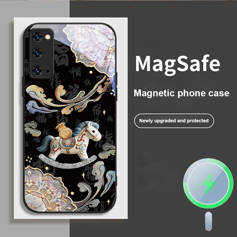

Traditional Golden Horse For Magsafe Samsung S25 S25 Edge S25Ultra S8 9 10 20 S21 Pro 22 Plus S23 FE S24 Ultra Glass Phone Case