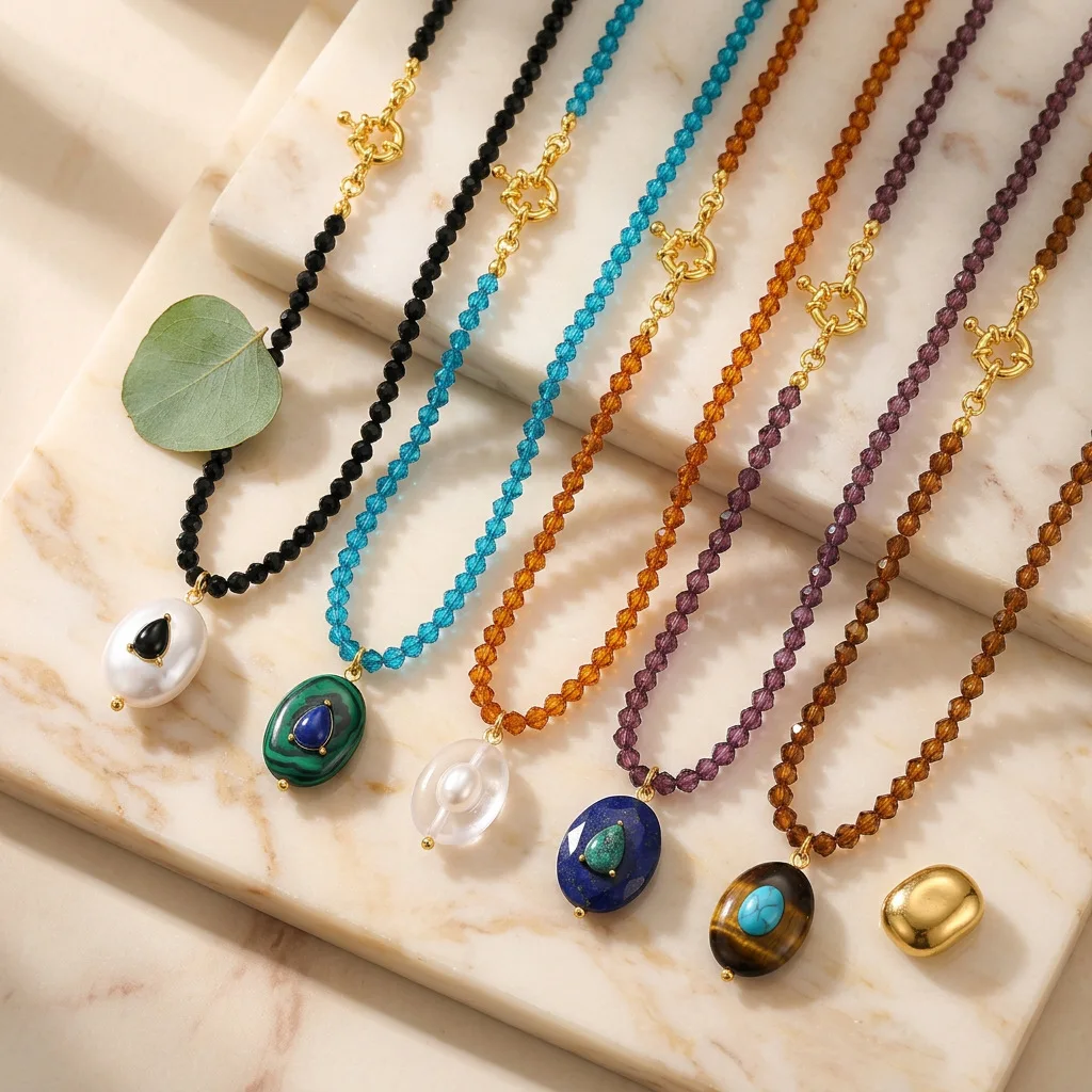 Statement Colorful Beaded Necklace for Women Fashion 18K Gold Plated Oval Natural Stone Pendant Necklaces Elegant Jewelry Gift