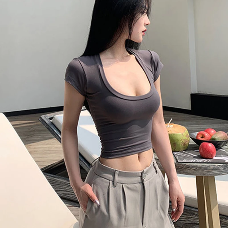 Summer Slim T-Shirt Women Sexy Short Sleeve T Shirt U-Neck Gray Tee Female Solid Basic Black/White Korean Crop Tops