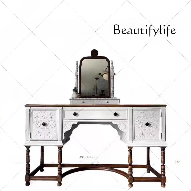 

American retro solid wood contrasting color bedroom dresser, French modern carved makeup table storage integrated table