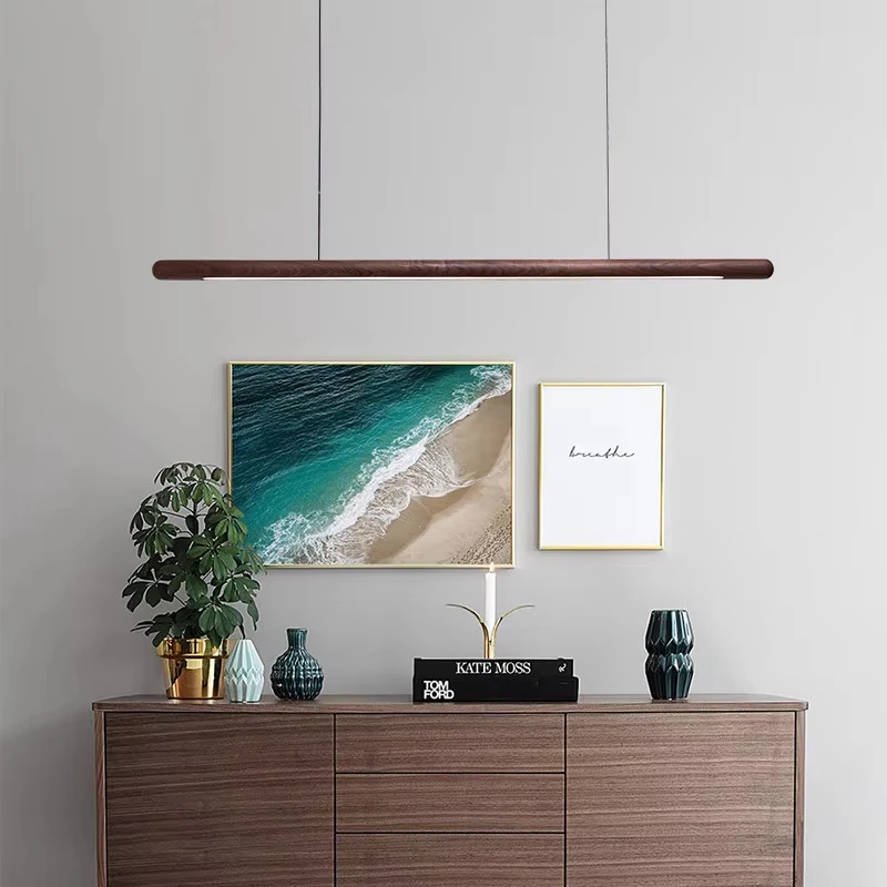 Solid Wood Pendant Lamp Nordic Bedroom Kitchen Light Hanging Long Strip Modern Lights for Living Dining Room LED Chandelier