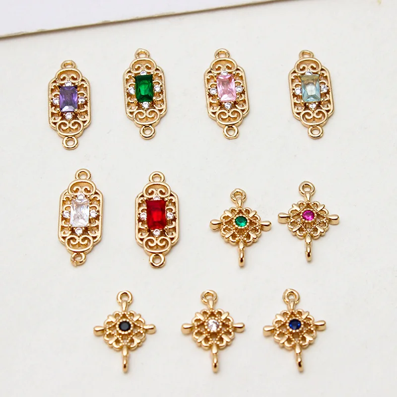 6pcs Copper Gold Color Plated Micro-set Zircon Double Hanging Rectangular Crystal Pendant Retro Style Diy Handmade Material