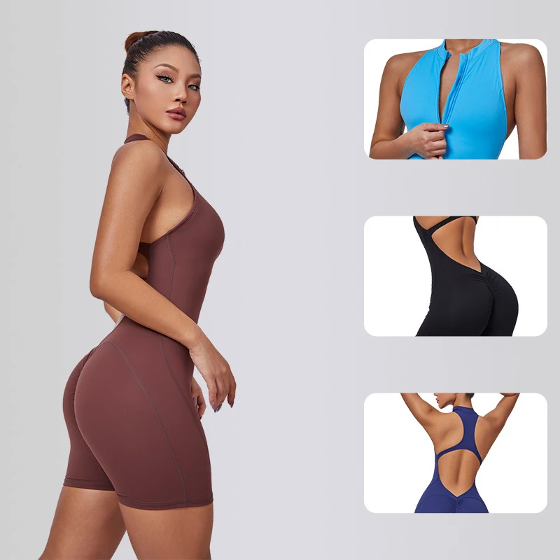 Women's Stand-Up Collar Zipper Cardigan Short Yoga Bodysuit Fitness Sports Running High Elastic Nude Shapewear