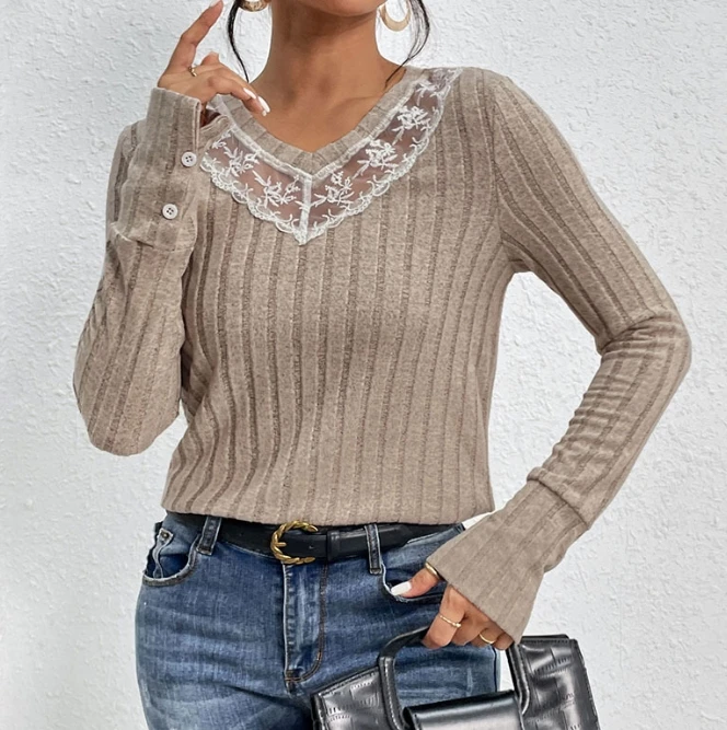 Women's Winter Knit Tops Long Sleeve V-Neck Casual Sweater Temperament Spring New Fashion Womens Lace Splicing Knitted Pullovers