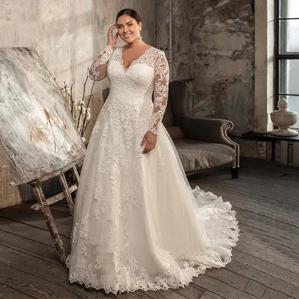 Elegante decote em v renda manga decalque plus size vestido de casamento personalização a linha renda vestido de casamento de manga longa