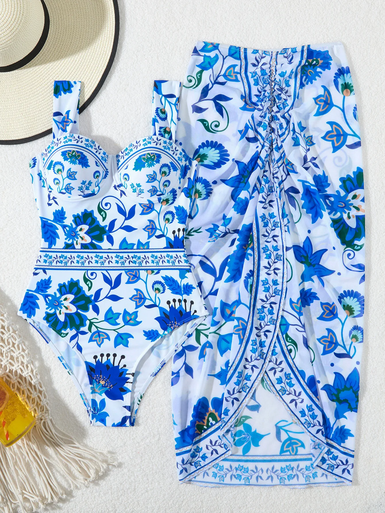 

Retro Bikini Printed Fashion Two Piece Swimsuit And Cover Up With Skirt Tight Women's Bandage Summer Beach Luxury Elegant