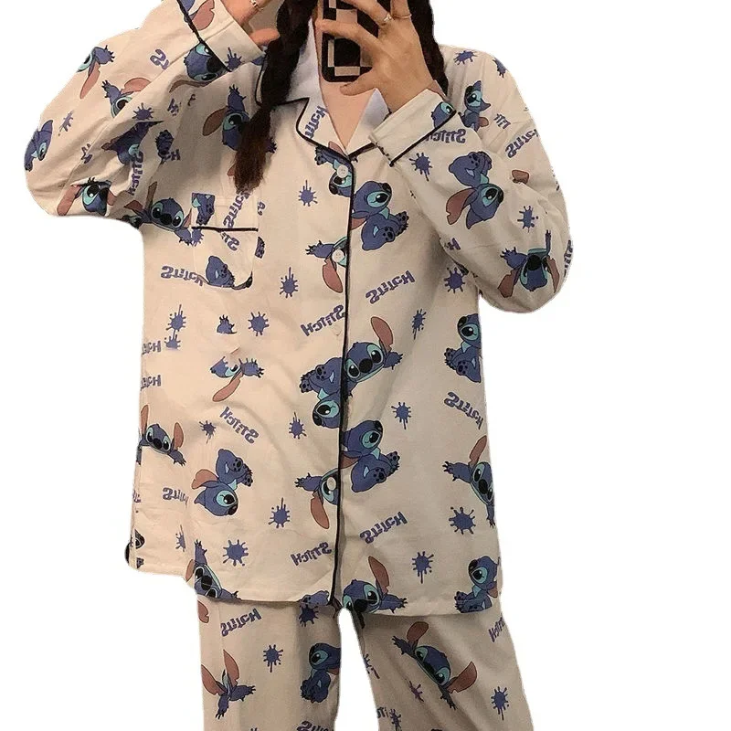 Disney Lilo & Stitch Cartoon Pajamas Set Spring Autumn 2 Pieces Homewear Warm Clothes Student Fashion Casual Clothes