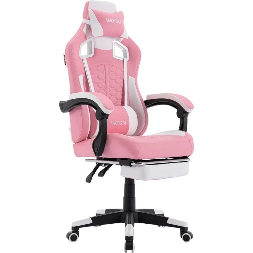 Chaise de jeu ergonomique en cuir PVC avec repose-pieds, chaise de jeu PC, dossier haut, confortable, repos de sauna, support lombaire, 300LBS, rose