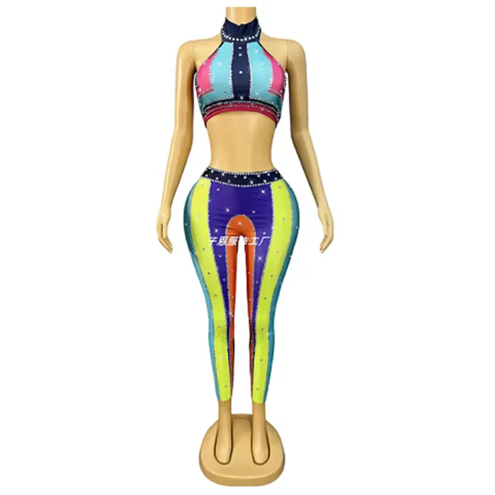 Women’S Clothing Colorful Halter Crop Top Pants Set Singer Performance Suit Model Show Stage Costume Nightclub Party Outfit  yk