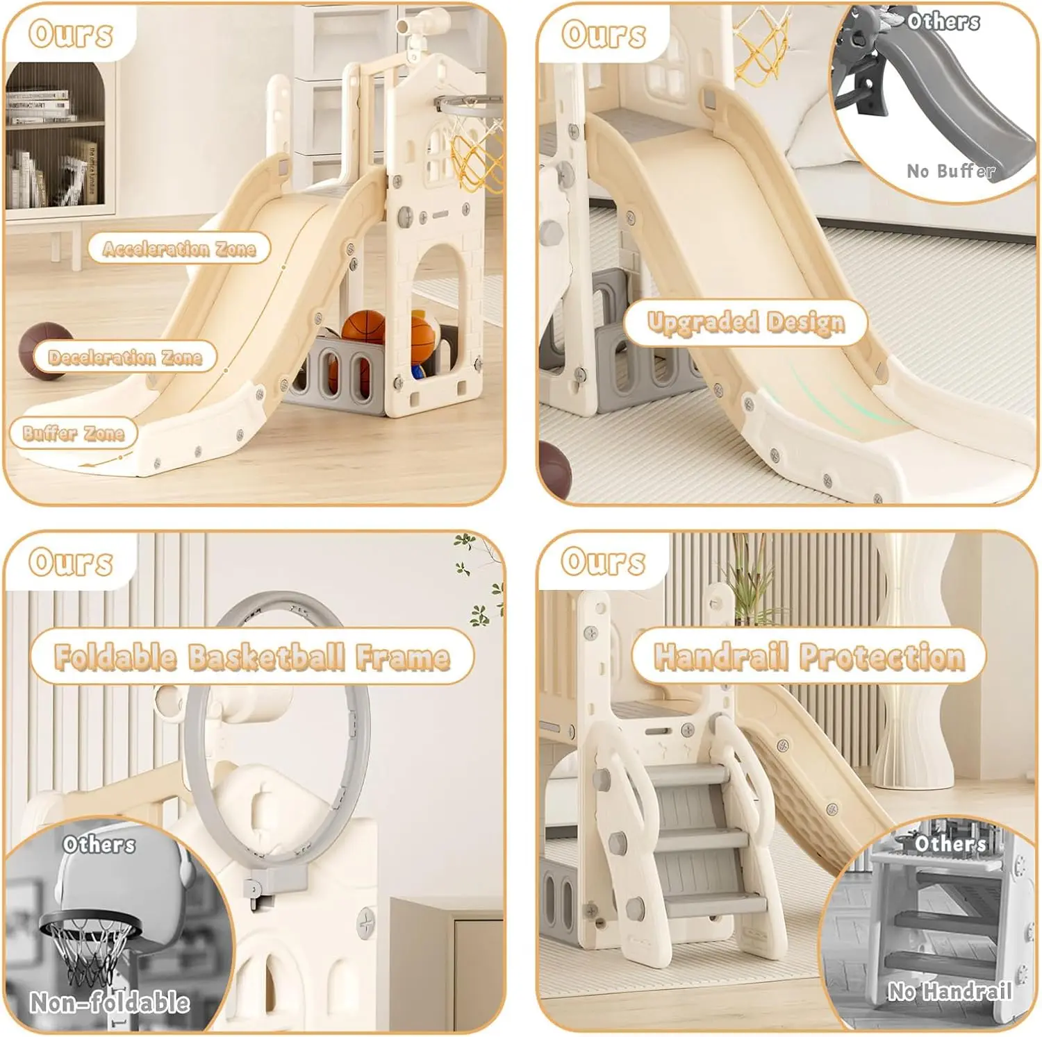 Tobogán para niños pequeños 5 en 1, tobogán escalador para niños con aro de baloncesto y pelota, juego para interiores y exteriores para niños de 1 a 3 años (Beige + café