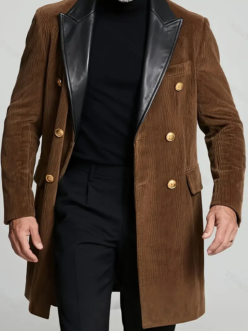 Outono inverno trincheira masculina duplo breasted veludo retalhos lapela de couro jaqueta longa outono casual vintage blusão casaco