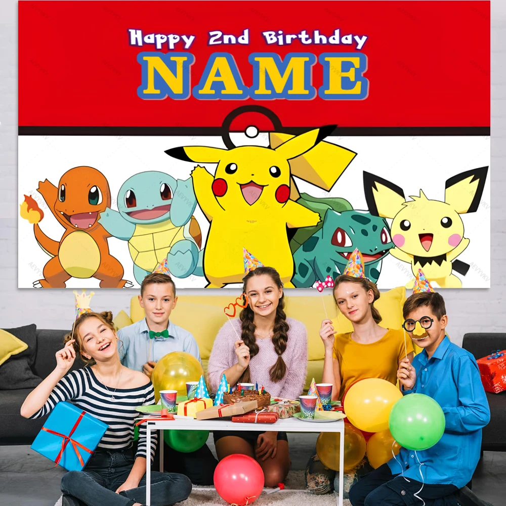 Custom Name Pokemon Party Background Decoration Pikachu Theme Birthday Background for Kids Boy Baby Shower Anime Banner Poster