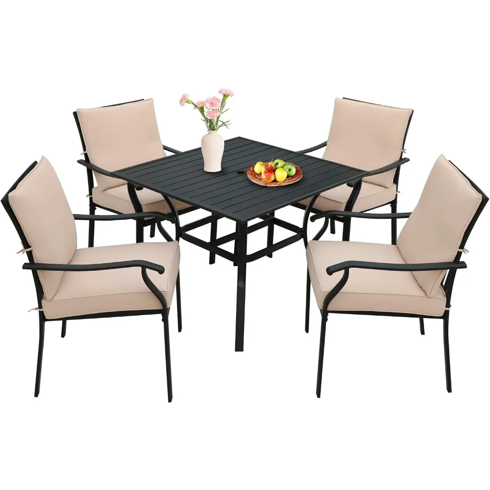 5-piece outdoor patio dining set, metal stackable chairs & square table set, all-weather furniture for backyard, garden,balcony