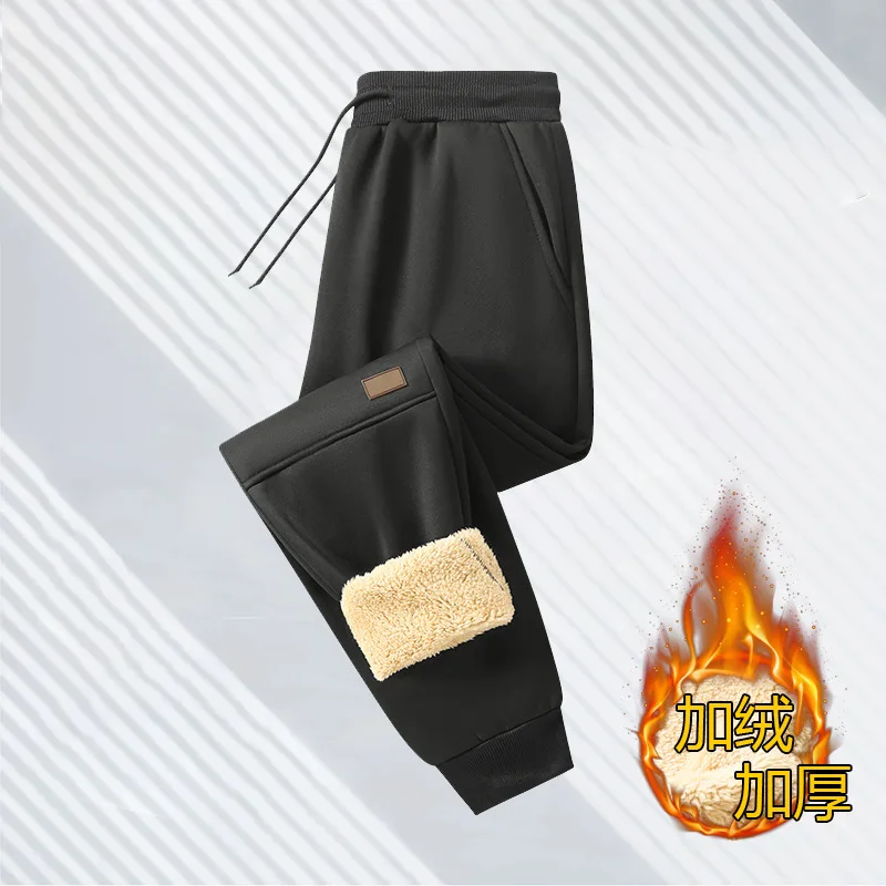Men Winter Fleece Lined Pants Casual Solid Color Warm with Side Pockets Sport Pants Skin-friendly Lining Rib Leg Trousers