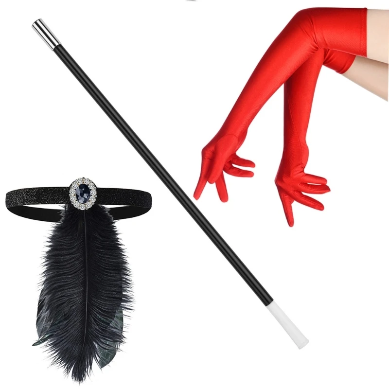 Women Flapper Accessories Party Costume Set Feathers Headband Satins Gloves Cigarette Holder Cocktail Party Prom