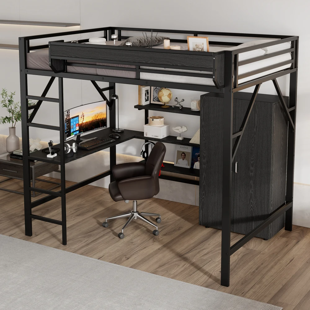 PINGGO Eisen-Hochbett mit Schreibtisch, Doppelstauraum, Kleiderschrank, Eisen-MDF, Schwarz, 140x200cm, ohne Matratze – Detail 6