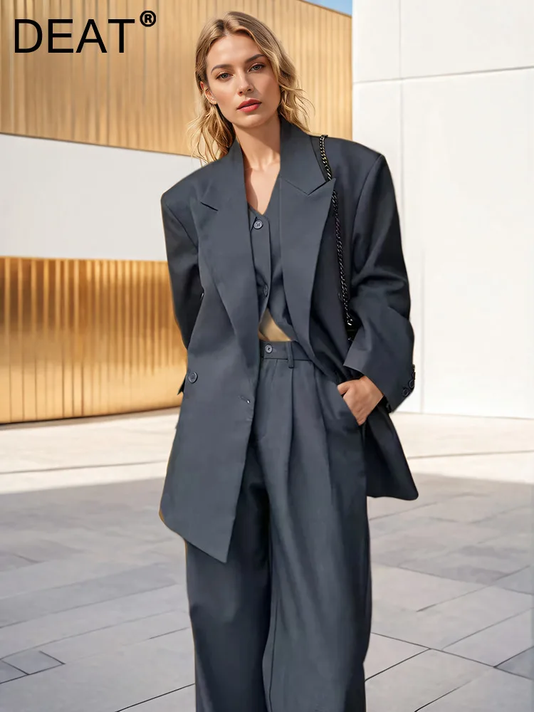 DEAT Fashion Women\'s 3 Pcs Set Double Breasted Blazer Fake 2 Pcs Vest High Waist Straight Pant Suit Autumn 2024 New 1DH7922