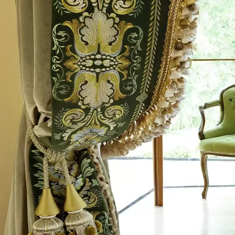 American Curtains Vintage Green Velvet Embroidery Window Curtains for Living Room Bedroom Dining Fleece Lace European Style