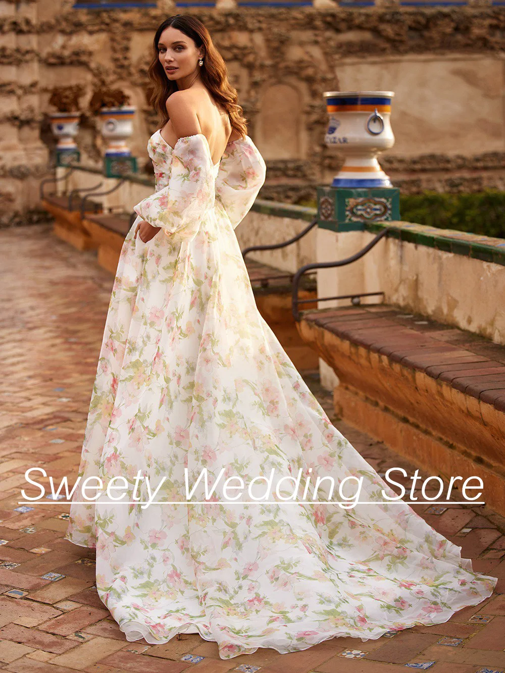 Romantic Floral Wedding Dress Puff Sleeves Strapless Pleat Body A Line Organza Princess Bridal Gown Vestido De Noiva