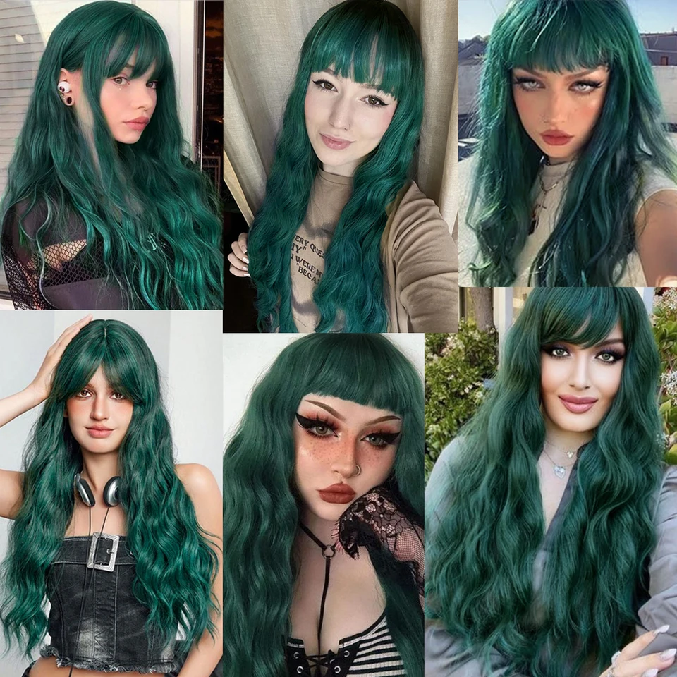 Light Green Long Wavy Synthetic Wigs with Bangs Blackish  display picture 3