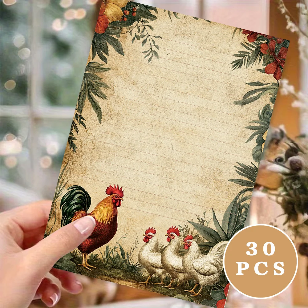 30 feuilles de papier à écrire B5 Vintage Farm Rooster, ligné, sans colle, parfait pour les carnets, les mémos et les autocollants