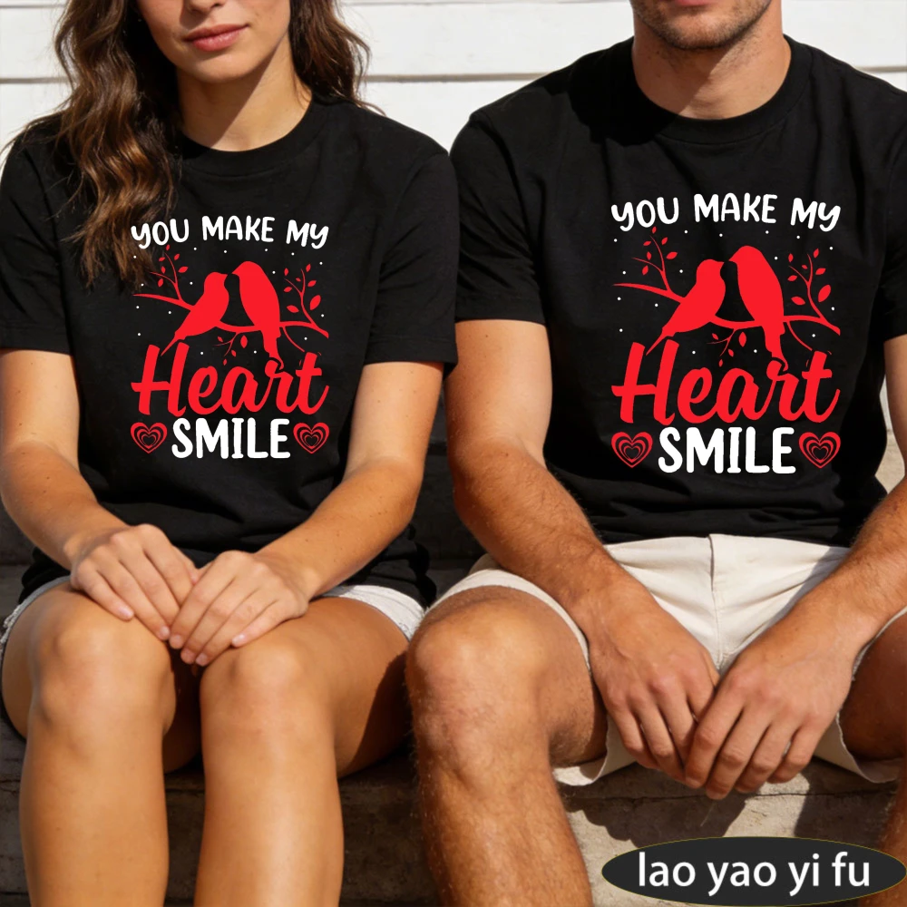 You Make My Heart  Love Birds Couple T-Shirt Short Sleeve Casual Men Unisex Top Gift for Valentine Day Fashion Clothes
