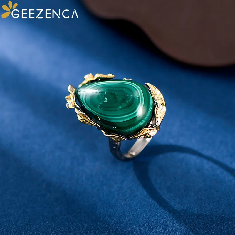 GEEZENCA S925 Silver Tree Leaf Wrapped With Malachite Ring For Women Vintage Unusual Water Drop-shaped Adjustable Ring 2023 New