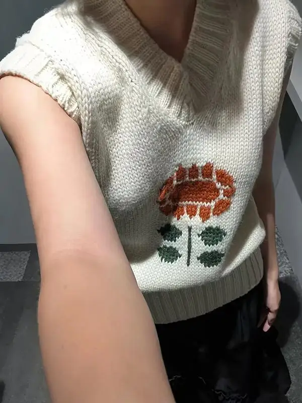 

Весенний ранний винтажный вязаный жилет, женский свитер с v-образным вырезом и цветочной вышивкой, шерстяная смесь, удобная верхняя одежда для поездок на работу
