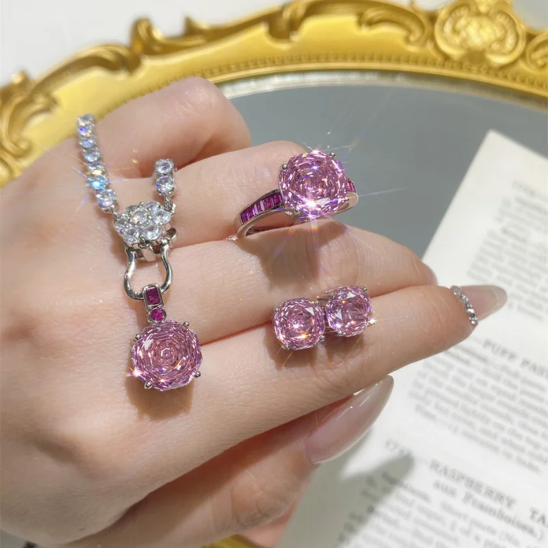 

Girlish Heart Rose Cut Luxury Accessories Open Ring Women's Earrings Pendant Set