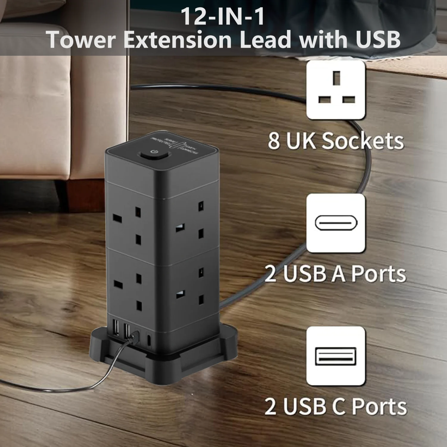 3M Tower Extension Lead with USB Slots, Hotimy 13A 8Way Extension Lead Surge Protection with 2 Type C &2 USB Ports, Home, Office