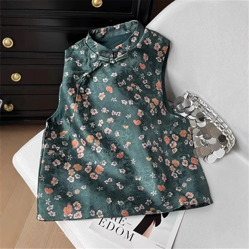 Satin Blouse Button Hanfu Vest Green Vintage Jacquard Chinese Style Vest Flower Sleeveless Mandarin Collar Tank Top Outwear