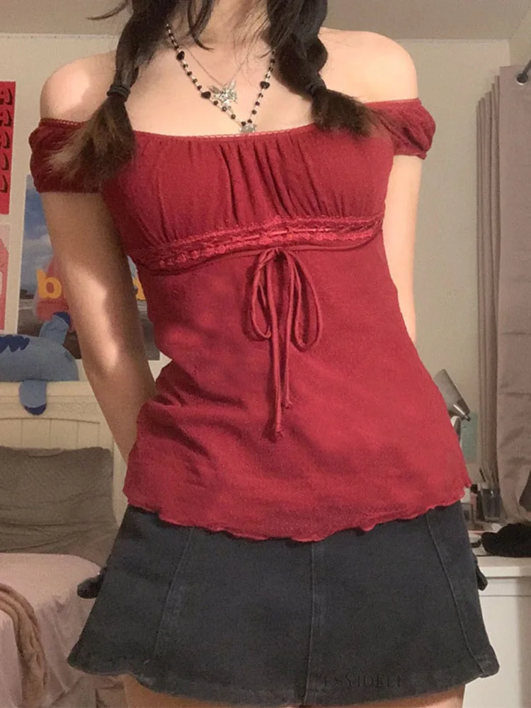 Camisetas de encaje con hombros descubiertos para mujer, camiseta con cordón, moda coreana, ropa de calle Grunge de hadas, 2000
