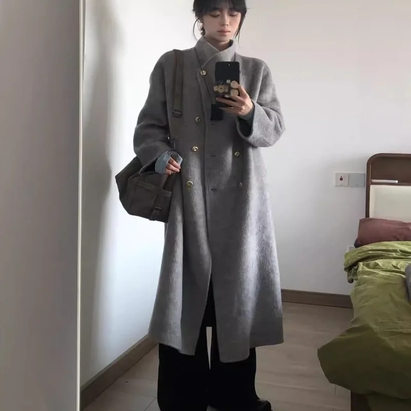 Gray Double-Sided Velvet Coat for Women's 2025 New Autumn and Winter High-end Woolen Small Stand-up Collar Medium and Long Coat