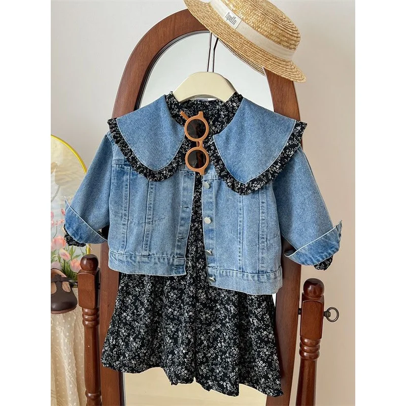 

Girls Suit Autumn New Children Stylish Two-Piece Suit Baby Western Style Denim Coat Floral Dress