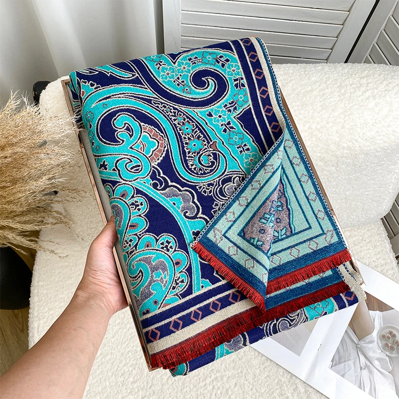 

2025 New Double Sided Bohemian Paisley Scarf Women Winter Warm Shawls Imitation Cashmere Thick Hijab Wrap Tassl Pashmina Blanket